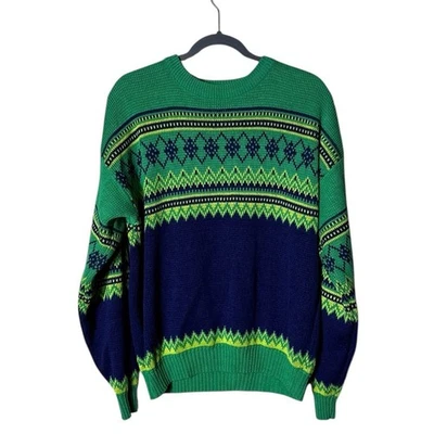 Vtg Fair Isle Nordic Sweater Large Holiday Heritage Fisherman Grandpa Green 90s - Image 1 of 4