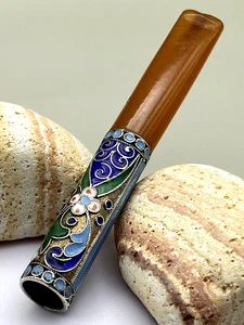 Schönes antikes Bernstein Pfeifenmundstück | Russisches Reich | Emaille Spitze Vintage - Bild 1 von 18