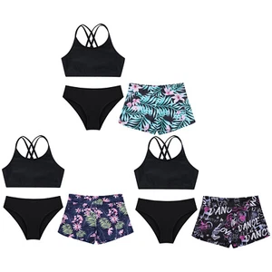 Kids Girls Bathing Suit Crop Top With Shorts Briefs Swimsuits 3Pcs Strappy Back - Picture 1 of 42
