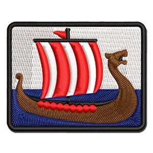 Viking Dragon Longboat Ship Multi-Color Embroidered Iron-On Patch Applique - Picture 1 of 5