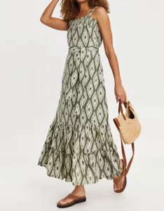JD WILLIAMS LADIES OLIVE PRINTED TIE WAIST APRON MAXI DRESS NEW (ref 502) - Picture 1 of 5