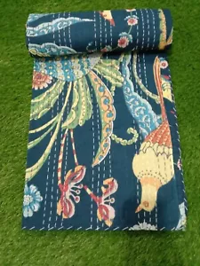 Indian Bird PrintKantha Quilt Bedspread Handmade Bed Cover Bedding Throw Blanket - Picture 1 of 7