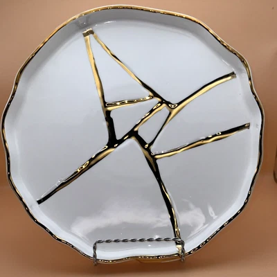 Piccole Ore Luxury Elegant Asymmetrical White W Gold Trim Serving Tray Platter - Image 1 of 4