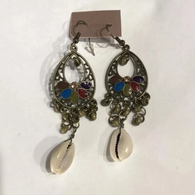 Boho Beach Shell Beaded Brass Rhinestone Shell Dangle Earrings (A)20 - Image 1 of 4