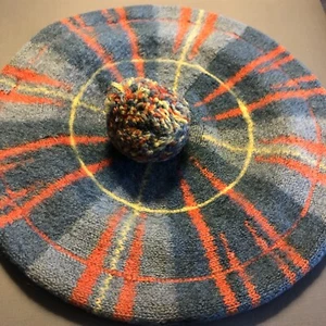 Vintage Round Beret Hat Made in Scotland Wool Flaws Holes Blue Orange Pom Pom - Picture 1 of 15