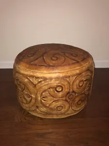 Vintage 1960s Real LEATHER Ottoman Foot Stool Round Hippie Style MCM - Picture 1 of 8