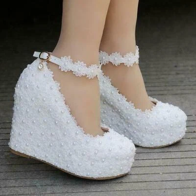 Women's Lace Wedge High Heel Wedding Ankle Strap Round Toe Bridal Shoes Pumps - Image 1 of 4
