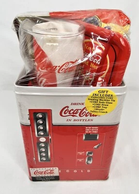 Coca Cola 1992 Metal Tin Vending Machine Gift Set Glass With Tray Straw - Image 1 of 4