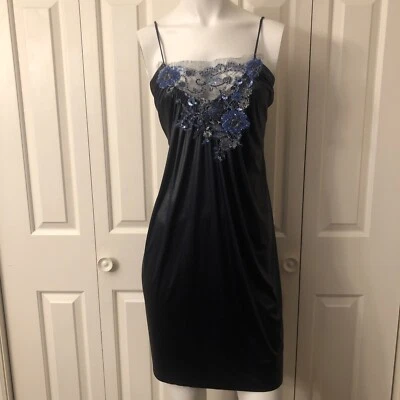 Vestido sin Mangas Poleci Azul Marino Satinado Texturizado Encaje Cuentas Lentejuelas Correa Ajustable XS 2 Foto 1 de 4