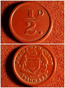 Bradford City England Tramways Transit TOKEN 1/2 D 115 AM lot BR35 - Picture 1 of 4