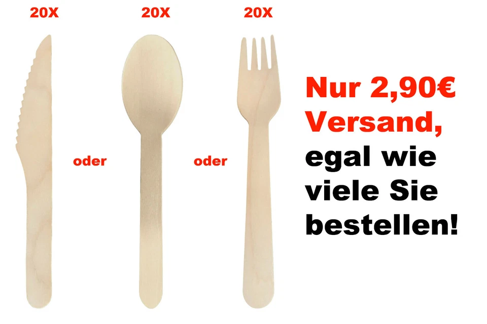 MY STREET FOOD Einwegbesteck 20 Holzgabeln Holzmesser Holzlöffel 16cm Holzbesteck Streetfood
