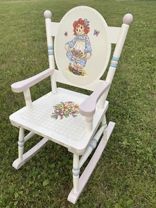 Guidecraft Girl's Raggedy Anne Pink Blue Rocker Wood Rocking Chair - Picture 1 of 9