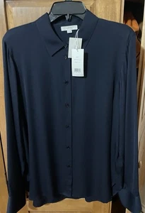VINCE Navy Blue Color SILK LONG SLEEVED BUTTON BLOUSE SIZE XL New - Picture 1 of 4