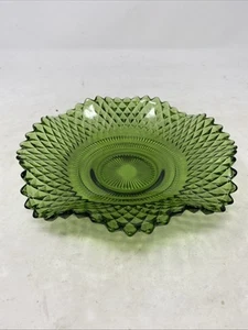 Indiana Glass Green Diamond Point Ruffled Dish Vintage EUC - Picture 1 of 8