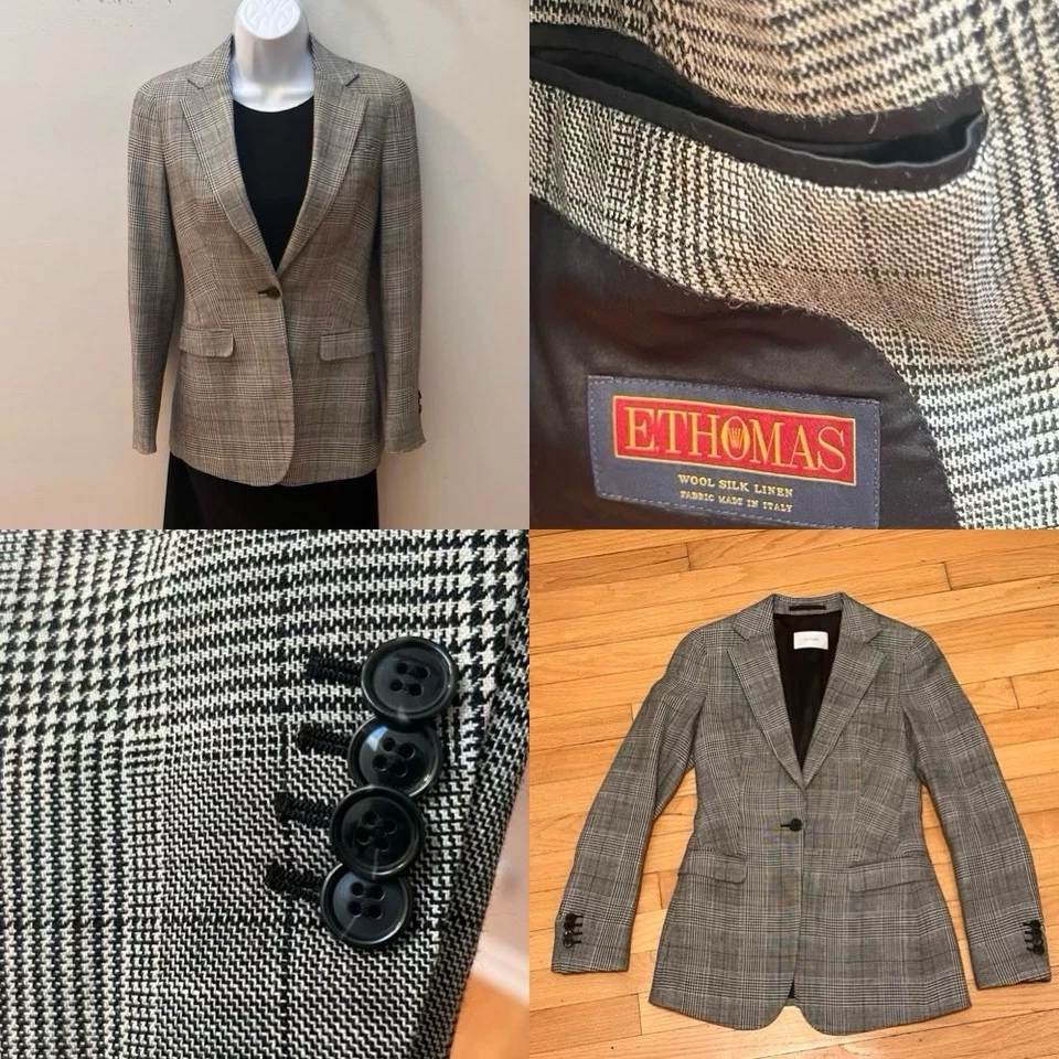 Suistudio 女式灰色和黑色千鸟格丝绸混纺西装外套 XS — 第 1/4 张图片