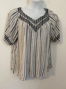 Camicia Knox Rose donna 2XL blu panna ricamata boho top manica corta rayon - Foto 1 di 7