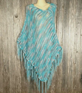 NEW Turquoise Blue Gray Ombre Hand Knit Handmade Boho Hippie Poncho Sweater  - Picture 1 of 7