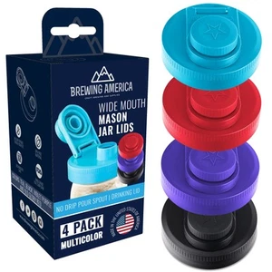Mason Jar Lids Wide Mouth Plastic 4 pack-USA Made-Flip Cap Screw Top Pour Spo... - Picture 1 of 9
