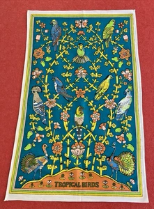 Vintage Cotton Tea Towel w Tropical Birds Pattern Colourful Floral Geometric Art - Picture 1 of 14