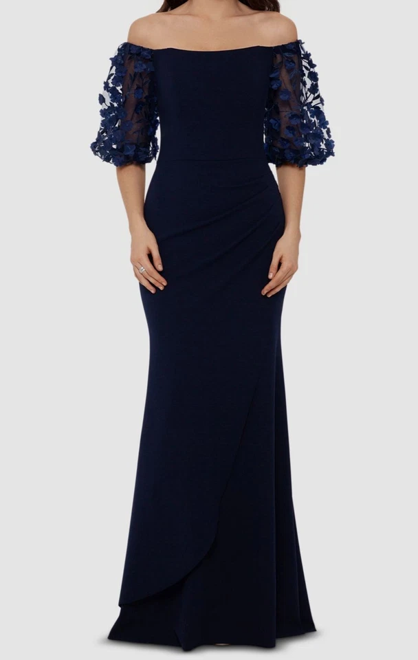 Xscape Womens Blue Off-The-Shoulder Balloon-Sleeve Mermaid Dress Size 12