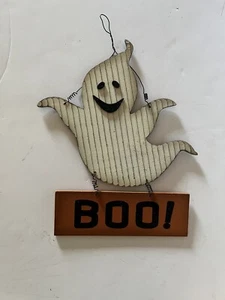 Halloween Holz BOO Geist Draht Wandbehang Schild weiß gerippt & schwarz Glitzer 15" - Bild 1 von 6