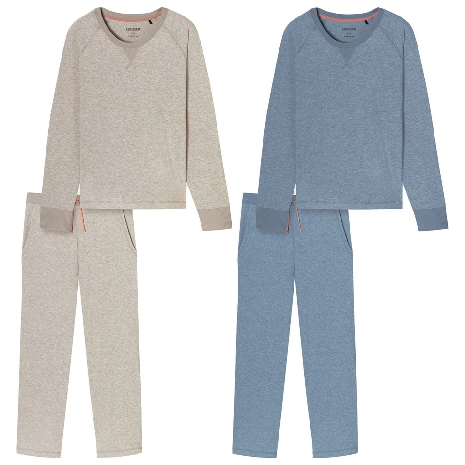 SCHIESSER langer Damen Schlafanzug Pyjama Casual Nightwear Rundhals beige blau - Bild 1 von 1