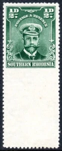 Südrhodesien 1924-9 1/2d blaugrün IMPERF zur Dachrinne am Sockel, SG.1, postfrisch - Bild 1 von 1