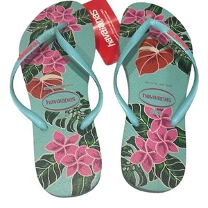 NWOT Havaianas Ice Blue Orchid Tropical Floral Flip Flop Sandal SZ 11 12 - Picture 1 of 4