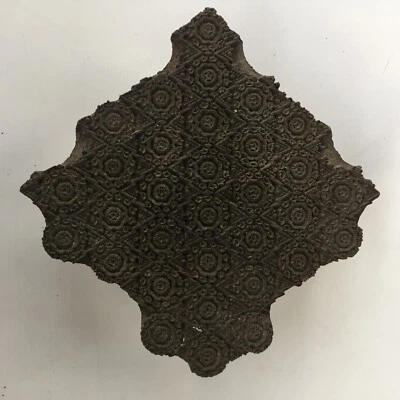 ANTIQUE WOODEN PRINT TEXTILE STAMP BLOCK WALLPAPER FABRIC FOLK ART Stars Flowers - Image 1 of 4