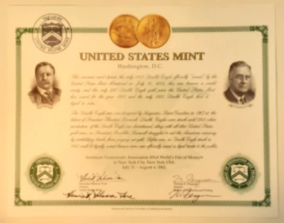 US Mint Souvenir Card 2002 NY ANA 1933 $20 Gold "Autographed" B-263  EXC - Image 1 of 2