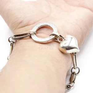 925 Sterling Silver Circle & Hearts Oval Link Bracelet Link Handmade Bracelet - Picture 1 of 5
