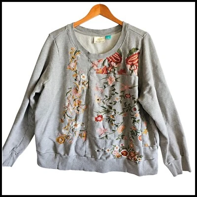 Maeve Anthropologie Embroidered Floral Sweatshirt Pullover Casual Gray 2X - Image 1 of 4