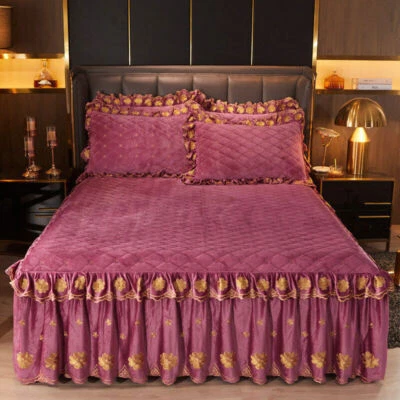 Queen Quilted Bedspread Set King Velvet Luxury Embroidery Bed Skirt Ruffle Thick - Image 1 of 4