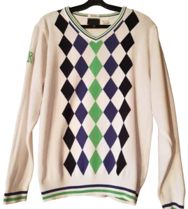 Suéter BPS Cuello en V Blanco Cuadros Arlequín 50% Algodón Verde Púrpura L/Slv Logo Talla S - Imagen 1 de 9