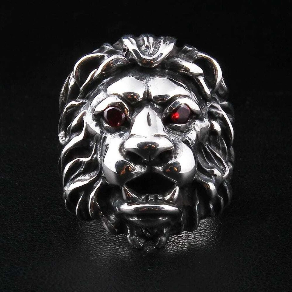 HEAVY KING GARNET LION HEAD LEO BIG 925 STERLING SILVER RING NEW MENS BIKER ROCK - Image 1 of 4
