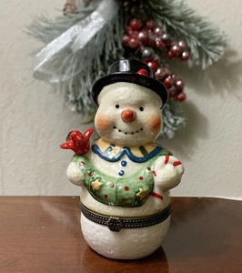 Ceramic Snowman Top Hat Bird Trinket Box Clasp Open Christmas 4" SEE PHOTOS - Picture 1 of 6
