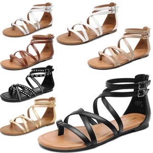 Women Flat Sandals Casual Gladiator Cross Strappy Summer Beach Thong Sandals - Picture 1 of 45