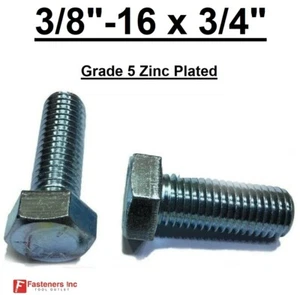 3/8-16 x 3/4" (FT) Hex Bolt Zinc Plated Grade 5 Cap Screw Coarse Thread - Picture 1 of 8