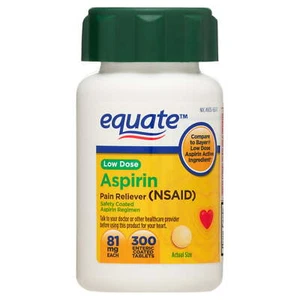 Equate Safety Coated Low Dose Aspirin Tablets for Pain Relief, 81mg, 300 Count - Picture 1 of 4
