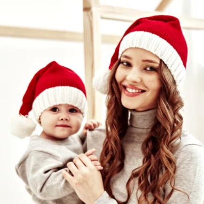 2024 Knitted Christmas Hat Cute Pompom Adult Child Soft Beanie Santa hat New - Image 1 of 4