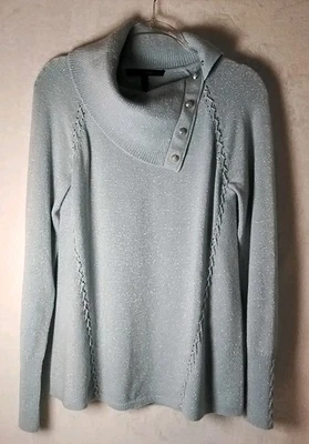 White House Black Market Sz Med. Metallic Ice Blue Cowl/Snap Turtle Neck Sweater - Image 1 of 4