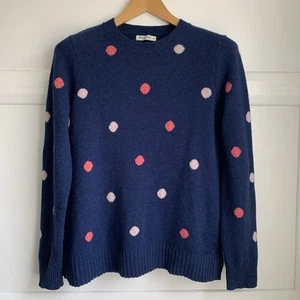 Woolovers 100% Wool Jumper Womens Medium 12 14 Blue Pink Polka Dot Crew Neck - Picture 1 of 11