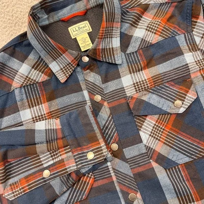 Camisa de franela LL Bean para hombre grande azul naranja marrón forrada de lana con botones a presión Foto 1 de 4