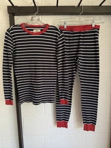 EUC Crewcuts Waffle Knit Striped Pajama Set Boys SIZE 14 NAVY BLUE Red Trim - Picture 1 of 13