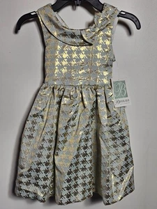 Bonnie Jean Girl's Houndstooth Metalic Gold and Grey Formal Dress Size 4 NWT - Picture 1 of 16