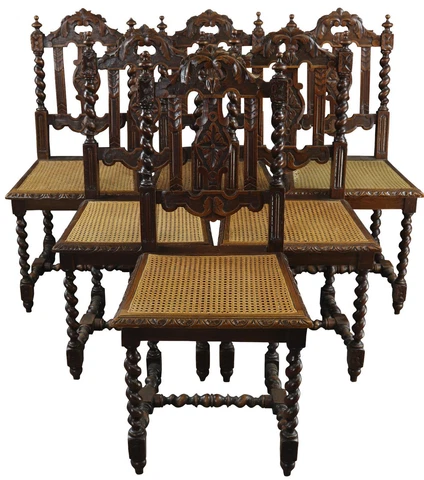 Antique Dining Chairs Set 6 French Hunting Renaissance Carved Oak Wood Cane 1890 Cover