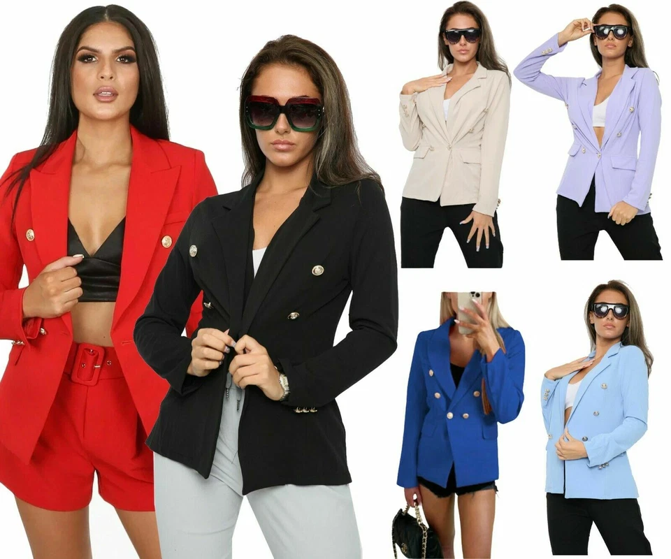 New Ladies Gold button stretch military style double breasted blazer jacket UK - Image 1 of 1