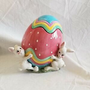 Fitz and Floyd Easter Collectible Bunny Rabbits Pink Polka Dot Egg Candy Jar a4