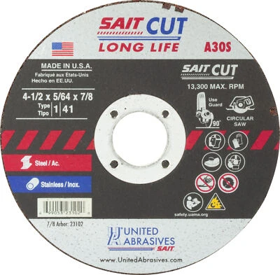 Rodas de corte de serra portátil United Abrasives SAIT 23102 4-1/2x5/64 A30S pacote com 50 - Imagem 1 de 3
