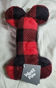 West Paw Red Check Plaid Bone Shape Plush Squeaky Dog Toy - Picture 1 of 4